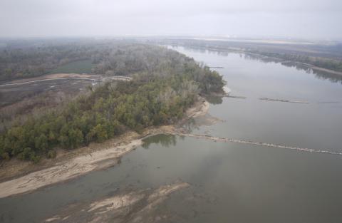 Aerial view of a sweeping bend of the Missouri River