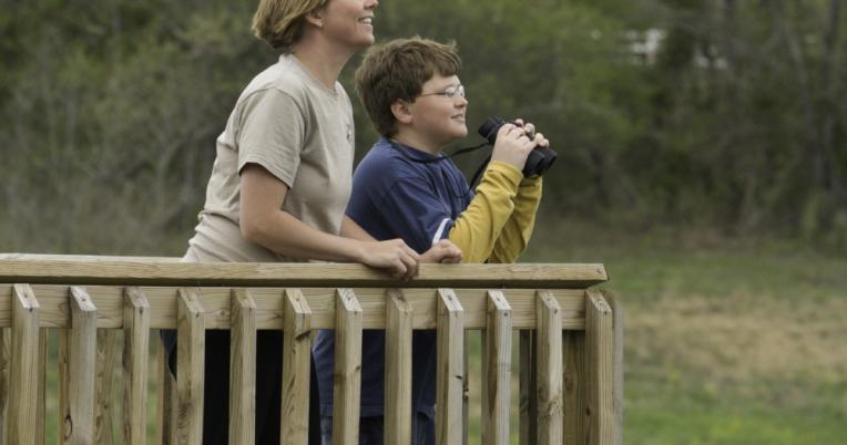 A woman and a boy with binoculars look over a railing near a body of water.